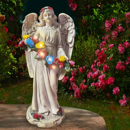 Binqiuu Statue di angeli per giardino, statua da giardino da esterno, angeli solari per giardino esterno con 5 LED per prato, patio, cortile, veranda, decorazione da giardino all'aperto