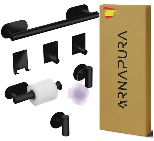ARNAPURA Toalleros de Baño sin Taladro | Pack 7 PCS Accesorios Baño Negro sin Taladro de Acero Inoxidable 304 | Incluye Adhesivo Ultraresistente