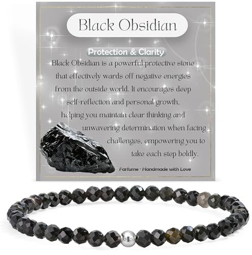 Farfume Obsidiana Negra Protección y Claridad Pulseras de Cuentas para las Mujeres, Mini 4mm Cristal Plata de Ley 925 Piedra Natural Elástica, Joyería Chakra Regalo Delicada
