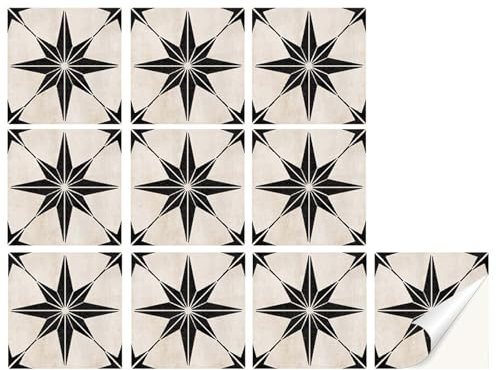 15x15cm Black and White Star Tile Stickers (10-Pcs) – Waterproof Self-Adhesive Vinyl Peel & Stick Tiles for Kitchen, Bathroom, Fireplace, Backsplash – Removable Decorative Wall Tile Decals