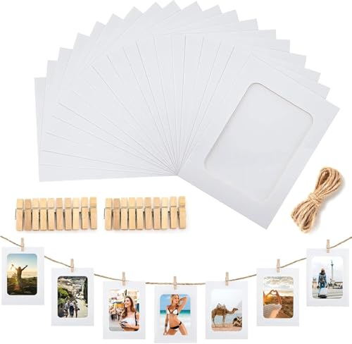 TRLREQ Lot de 20 guirlandes et pinces à linge à suspendre pour photos | Bannière photo en papier kraft 10 x 15 cm | Décoration murale de salle de classe avec pinces en bois | Bannière photo pour la