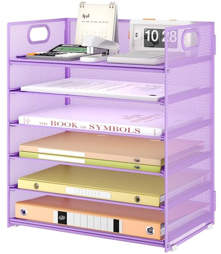 VITVITI Desk Organizer and Office Accessories, 6 Tier Paper Letter Tray Organizer with Handle, Mesh Desktop Organiser for Office Supplies, Desk Tidy Organiser - Purple