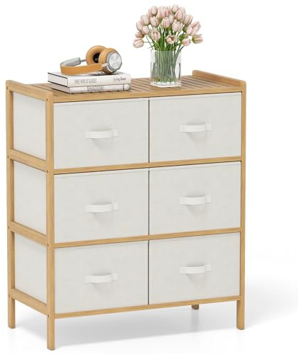 COSTWAY Cómoda de 6 Cajones para Dormitorio, Cajonera de Almacenamiento de Bambú Plegables de Tela y Estante Superior, Cómoda Moderna, Organizador Vertical para Guardarropa, Salón, Pasillo