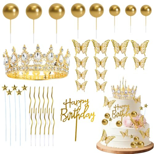 TENGWA Corona Cumpleaños 40 Piezas Decoración para Tartas con Corona 3D Brillante Topper Tarta con Mariposas Estrellas y Velas para Bodas Cumpleaños Graduaciones y Bautizos