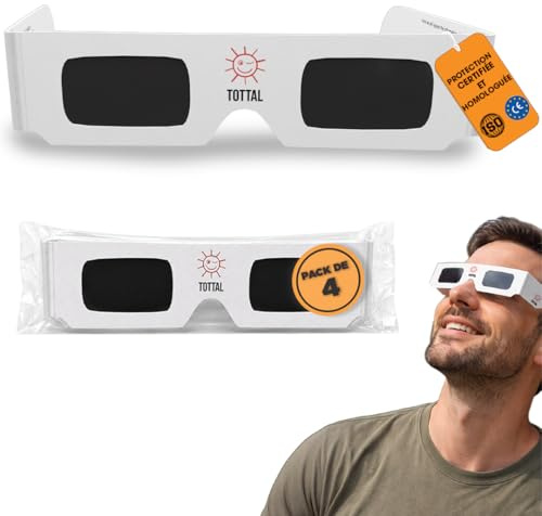 Tottal Pack 4 Gafas Eclipse Solar Homologadas ISO 12312-2 Agosto 2026 Gafas Protección Certificadas CE + Filtro Seguro UV/IR Ligeras + Cómodas + Fácil de Usar Glasses