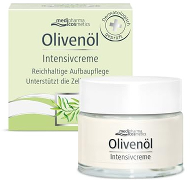 medipharma cosmetics Olivenöl Intensivcreme – reichhaltige Gesichtscreme mit kaltgepresstem Olivenöl, Vitamin A & E – unterstützt Zellerneuerung – Pflege für trockene bis sehr trockene Haut – 50 ml