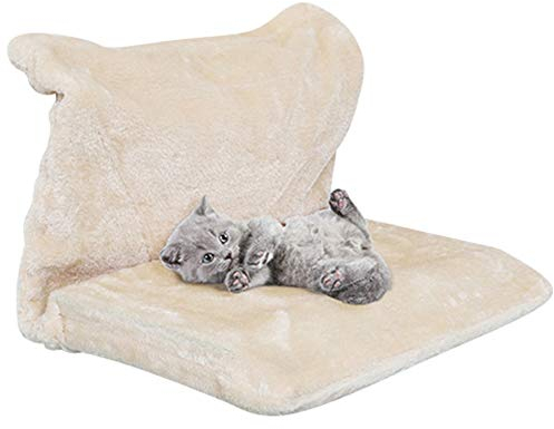 HE Katzenbett, Grau-Beige, Metall, Plüsch, Kuscheliger Platz für Ihre Katze, Keine Montage nötig, Einfach am Heizkörper einhaken, Platzsparend zusammenfaltbar, Maße ca. 46 cm x 30cm x 25cm BxTxH
