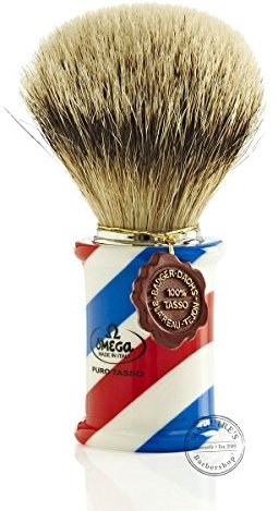 Omega 6735. Pennello da Barba in Tasso. Manico tricolore in Resina Barber Pole