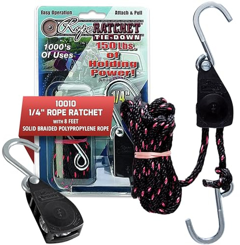 Rope Ratchet 1/4 Adjustable Pulley System – 150 lb Capacity Heavy-Duty 8' Braided Polypropylene Rope, Locking Rope Hanger, Grow Lights, Tarp Tie Downs, Kayak Straps, Plant Pulleys, Tent Tie Downs