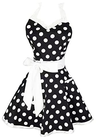 Hyzrz Lovely Sweetheart Retro Kitchen Aprons Woman Girl Cotton Polka Dot Cooking Salon Dress Pinafore Vintage Apron Mothers Gift (Black)