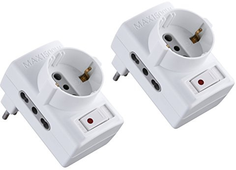 Electraline 92208 set 2 Adattatore triplo salvaspazio 2 prese bivalenti 10/16A e 1 schuko spina piccola 10A con interruttore riduttore