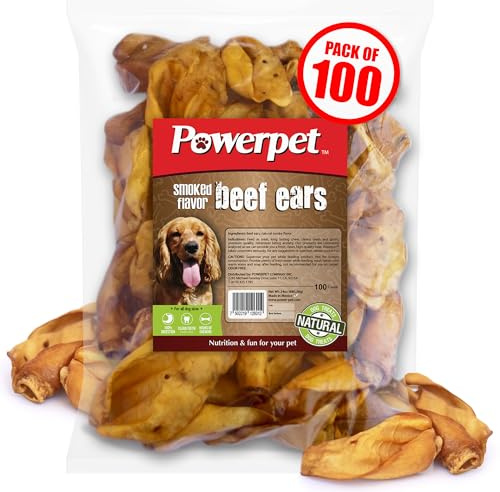 Powerpet Natural Cow Ears for Dogs - Premium Quality Treat, Low Fat, High Protein, Long-Lasting Chews - 100% Digestion - Healthy & Clean Teeth & Gums - All Breed Size - Smoked Beef Flavor, Pack of 100