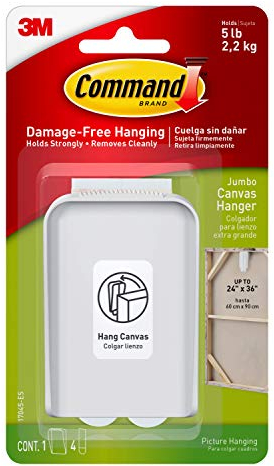 Command Jumbo Canvas Hanger Hook, Pack of 1 Hook and 4 Adhesive Strips, White - Damage Free Hanging - For Canvas Framed Pictures, Prints and Art - Holds up to 2.2kg