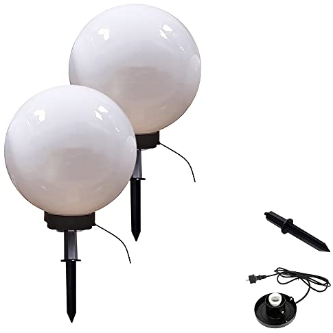 2x Außen-Kugel-Leuchte MARLON D: 30cm, Kunststoff-Kugel weiß, mit Erdspieß, E27, IP44, Dekorationsleuchte Rasenbeleuchtung Außengelände Eingangsbereich Gruppenbeleuchtung Blumenbeet