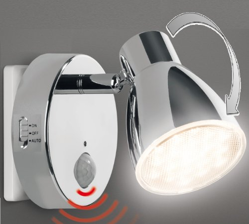 Trango 2635-018 LED Sensor Nachtlicht – Chrom – Drehbar & Schwenkbar – Automatikfunktion – Bewegungssensor – 230V Steckdosenlampe – Sicherheits- & Orientierungslicht