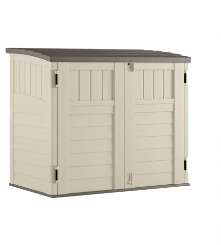 Suncast 34 Cu Ft Horizontal Resin Plastic Storage Shed - Outdoor Storage Shed with Floor Included, Lockable, Weatherproof, Fits Small to Medium Trash Cans, Generators, & Garden Tools, Vanilla Stoney