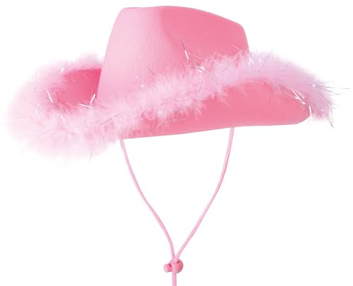 P'TIT CLOWN - 21303 - Chapeau Feutre Cowgirl avec Plumes Brillant - Glimmer Ladies Cowboy's Hat - Look Western, Country, Far West, Rodeo, Festival, Carnaval, EVJF, Halloween, Party - Adulte - Rose