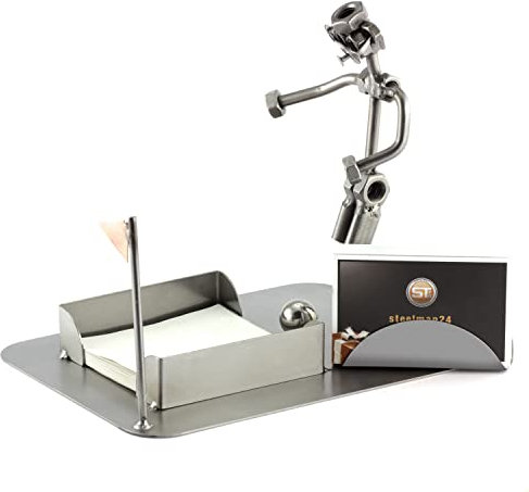 Steelman24 I Schraubenmännchen Fußballer Zettelbox Mit Visitenkartenhalter I Made in Germany I Handarbeit I Geschenkidee I Stahlfigur I Metallfigur I Metallmännchen