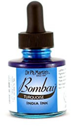 Bombay India Ink, 1.0 oz, Turquoise (20BY) - Highly Pigmented, Lightfast, Permanent, Waterproof - for Brush, Drawing Pen or Airbrushes