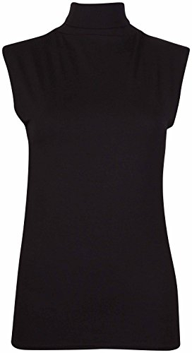 Womens Sleeveless Ladies Stretch Turtle Polo Roll Neckline Vest Plain T-Shirt Jumper Top Black 12-14