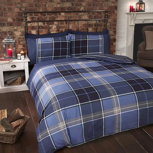 Argyle King Size Quilt Duvet Cover and 2 Pillowcase Reversible Bedding Bed Set, Tartan Check - Blue