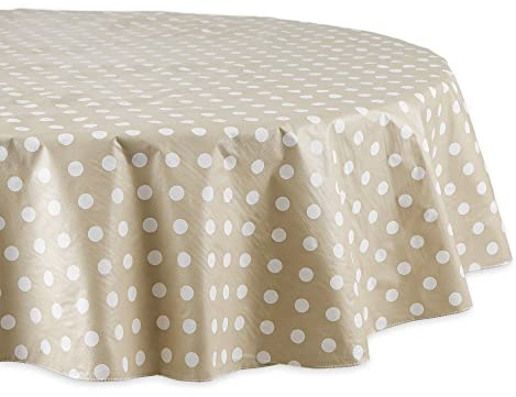 DII Vinyl Tabletop Collection Flannel Backed Polka Dot Tablecloth, 70 Round, Natural
