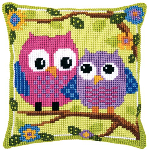 VERVACO Kreuzstich Stickpackungen Kissen Stickerei Set Anfänger Vorgedruckt Eulen auf Zweig DIY Set Kreativ Set Für Erwachsene Dekoratives Kissen ca. 40 x 40 cm Bastelset Handwerker Haus Dekoration