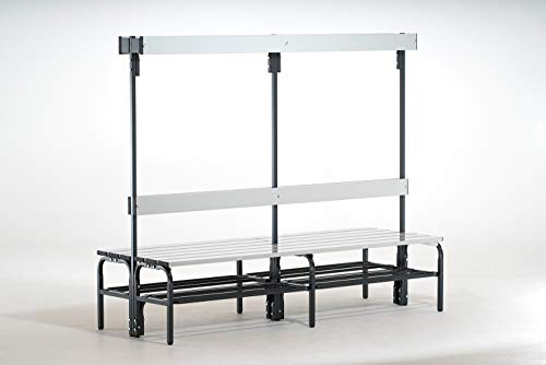 Banco para vestuarios con listones de aluminio, H x P 1650 x 725 mm, por ambos lados, longitud 1500 mm, 12 ganchos, antracita, rejilla para zapatos.