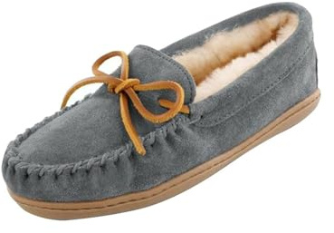 Minnetonka Women's Sheepskin Hardsole Slipper, Grey, 8 M US