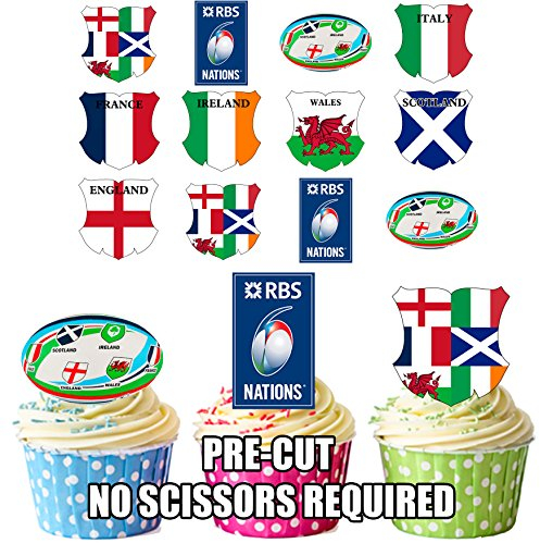 AK Giftshop PRE-CUT Rugby Six Nations Party Pack - Cake Decorations - Edible Stand-up Cupcake Toppers (Pack of 36)