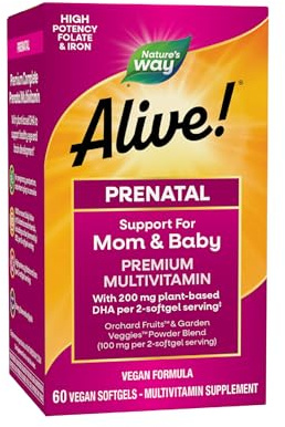 Nature's Way Alive! Complete Premium Prenatal Multivitamins for Women, Healthy Eye and Brain Development*, 60 Vegan Softgels