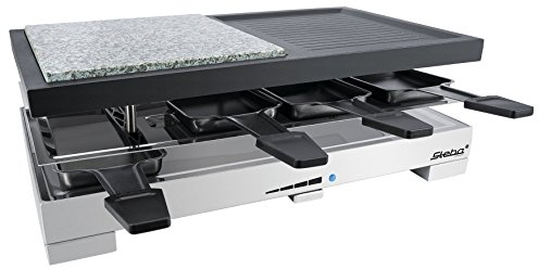 Steba Premium Multi-Raclette con una superficie de asado de aprox. 40 x 23,5 cm, pies antideslizantes y 8 sartenes con revestimiento antiadherente para facilitar la limpieza. RC 88.