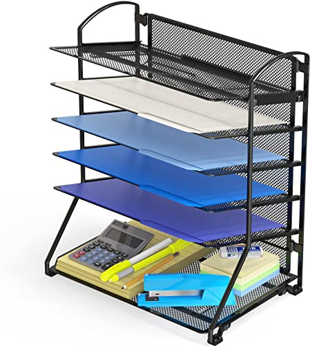 Simple Houseware 6-Tier Sliding File Organizer, Desk Letter Tray for Document and Mail Sorting, Black