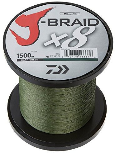 Daiwa J-Braid 8 Braid 0.13mm, 8.0kg / 18.0lbs, 1500m dunkelgrün, rund geflochtene Angelschnur