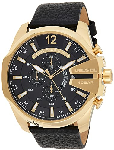 Diesel Herrenuhr Mega Chief, Chronographenwerk, 51mm Goldenes Edelstahlgehäuse mit Lederarmband, DZ4344