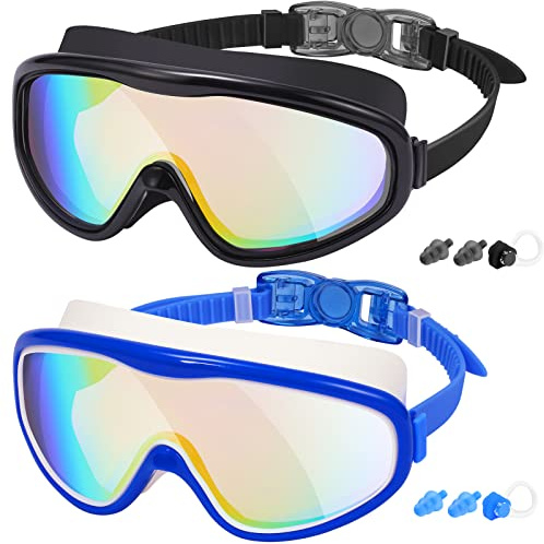 EasYoung Adult Swim Goggles, Pack of 2 No Leaking Swimming Goggles Anti-Fog UV Protection, Wide Vision Swim Glasses with Nose Clips Ear Plugs for Men Women Youth, Over 15