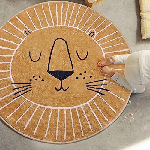 Rururug Tappeto Rotondo Ø 100 cm, Marrone Giallo con Piccolo Motivo Testa di Leone, Tappeti per Camera dei Bambini, Soggiorno, Sala da Pranzo, Camera da Letto, Divano