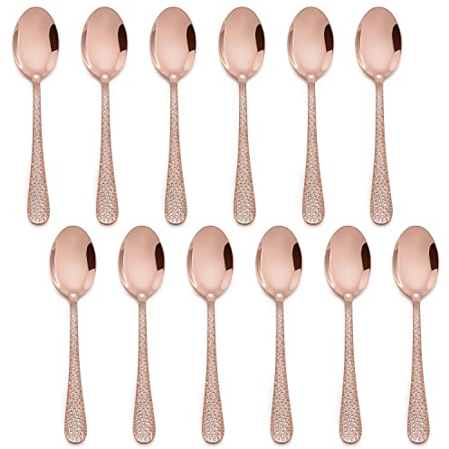 E-far 12-Piece Small Coffee Spoons, 6-Inch Stainless Steel Mini Espresso Spoons for Coffee/Sugar/Tea, Hammered Design & Rust Free, Mirror Finish-Copper