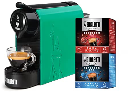 Bialetti Gioia, Espressomaschine für Kapseln aus Aluminium, inklusive 32 Kapseln, Superkompakt, Tank 500 ml, Smaragdgrün