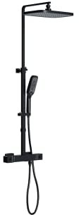 BERNSTEIN Duschsäule mit Thermostat 3011 PRO Schwarz Eckiges Duschsystem mit Multifunktionshandbrause und Regenduschkopf Anti-Kalk Thermostatarmatur, Edelstahl Stangenleiter verstellbar