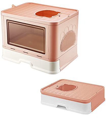 SHISHI Stängd kattlåda, stort hopfällbart katt-toaletthus med lock, kattlåda med spade och massageborste, toalett för katter upp till 7 kg (rosa L 48,5 × 38 × 36,5 cm)