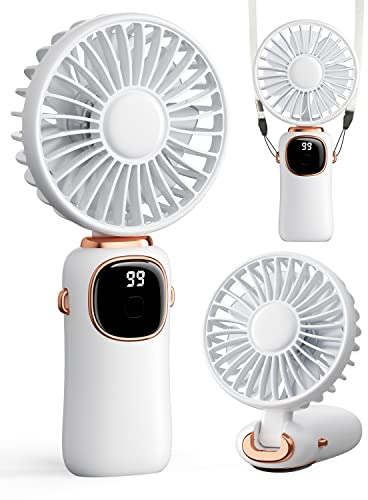 ColdSky Portable 3-in-1 Handheld Fan - 4000mAh Battery Operated, Digital Display, 90° Foldable Desk With Base, 5 Speed for Makeup/Office (White)