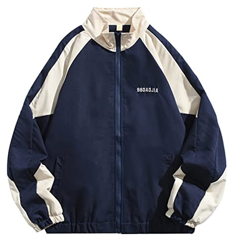 Minetom Veste Femme Vintage Hip Hop Manteau College Jacket Unisexe Casual Zipper Blouson Bomber Veste de Survêtement Streetwear B Bleu S