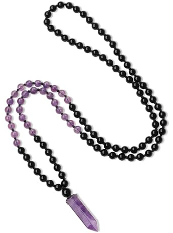 COAI Collana Rosario Uomo Donna Pietre Naturali, Collana Mala 108 Grani in Onice Nero e Ametista Annodate a Mano e Ciondolo di Ametista Esagonale