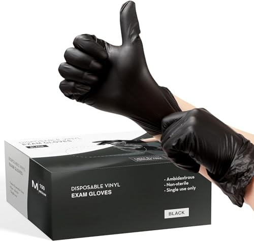 PROMART Disposable Gloves Black Vinyl - Latex-Free, Powder Free, Extra Strong 4 mil, Multi-Purpose, Non-Surgical Gloves, Disposable, Medical Exam Gloves, for Medical, Cooking & Cleaning (100, MEDIUM)