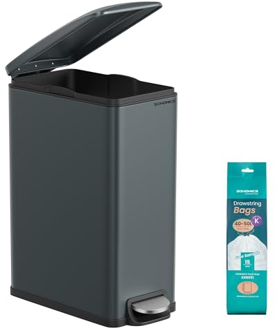 SONGMICS Kitchen Bin, Narrow Pedal Bin, Soft Close, Steel, 50 L | Slim Kitchen Bin for Small Spaces, 50 L, Charcoal Grey and Ink Black, Plushic Collection, LTB510G02
