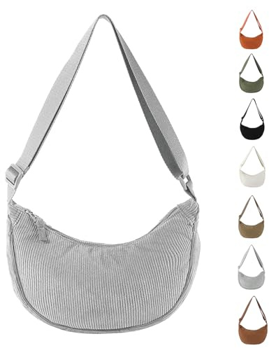 APMGONT Damen Cord Crossbody Bag, Halbmond Tasche Umhängetasche, Damen Halbmond Tasche Schultertasche Mit Einstellbar Schultergurt Lässige Umhängetasche aus Cord für jeden Anlass (Grau)