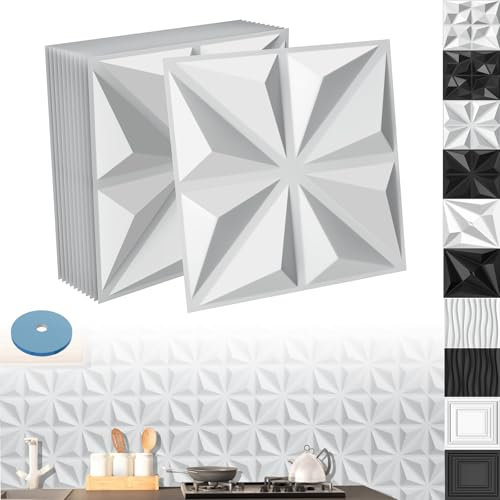 XINZI 3D Wandpaneele PVC Wandverkleidung Wanddeko 50x50 cm, 24 Stück 3D Wandplatten Wall Panels Gaming Wandpaneele, Deckenplatten Wall Deko Panel für Deckenpaneele Wand Panels, Stern Weiß, 6m²