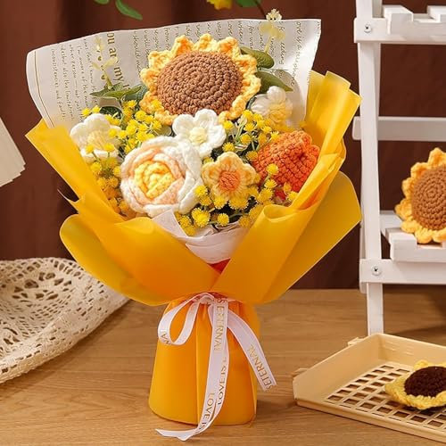 Ramo de flores de ganchillo con luz LED, hecho a mano, ramo de flores de tulipán de girasol, regalo para madre esposa en cumpleaños, San Valentín aniversario