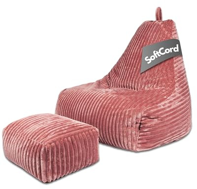 PatchHome Deluxe Cord sittsäck lounge fåtölj – gaming saccosäck set med fotpall – bekväm manchesterfåtölj med fyllning – vardagsrum och sovrum möbler (rosa, XXL – sittsäck + pallset)